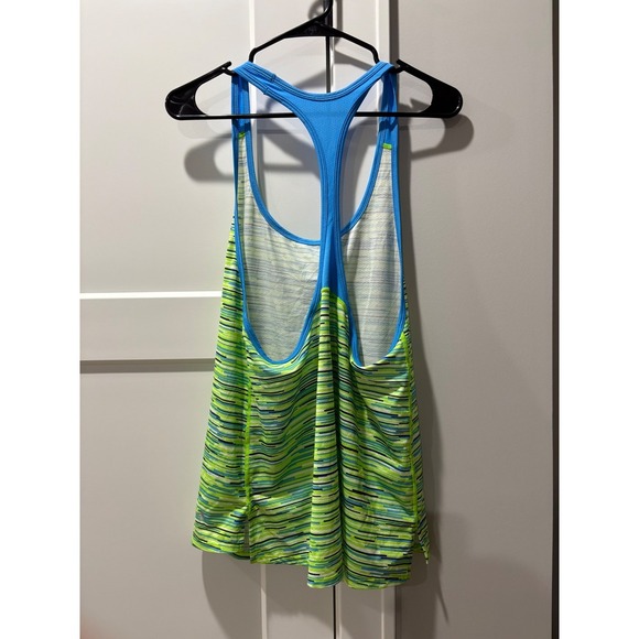 Under Armour Athletic Tank Top Racerback Neon Green Blue Striped - Picture 4 of 4